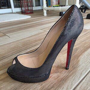 Christian Louboutin Banana 140 Black & Metallic Suede Peep-Toe Shoes Eur.38